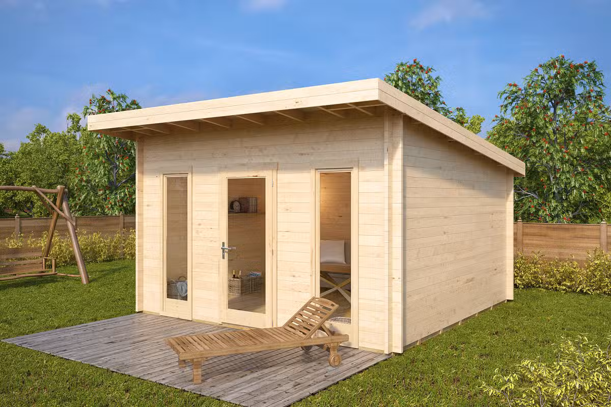 Gartenhaus mit Pultdach Aruba 15m² / 44mm / 4x4 Hansagarten24