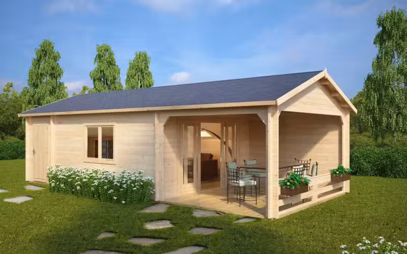 Großes Gartenhaus mit überdachter Terrasse „Heinz“ 22m2 | 70mm | 4x9m G0102-1