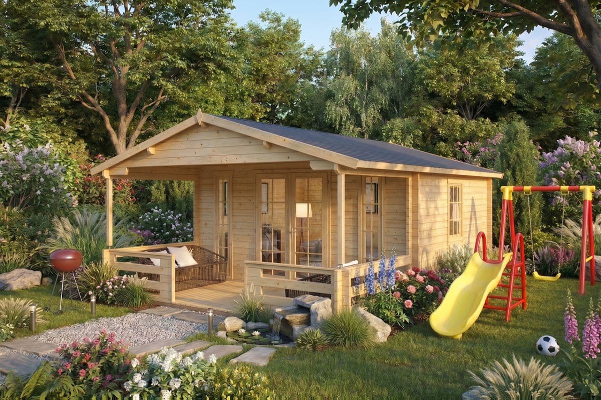 Gartenhaus mit Veranda “Henry” 4x6m | Gartenhaus mit Veranda 4x6m für die ganzjährige Nutzung mit Sonnendach, mit Terrasse