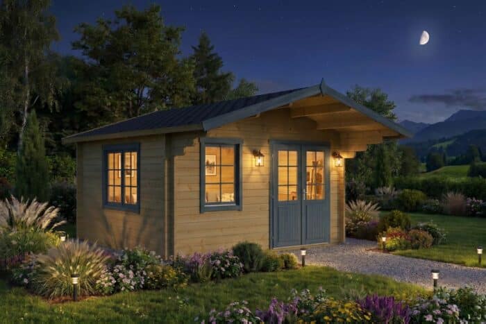 Gartenhaus mit Vordach 4x4m (nachts)
