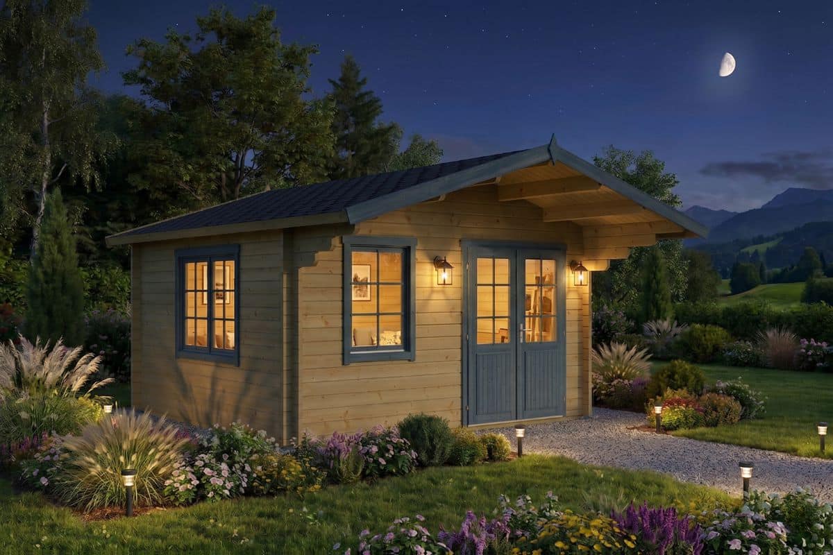 Gartenhaus mit Vordach 4x4m (nachts)
