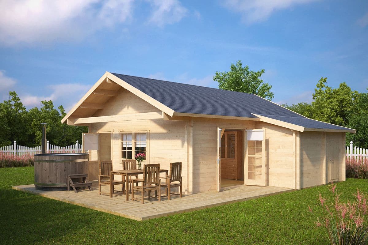 Blockhaus mit Schlafboden “Dakota” 7x7m | Großes Gartenhaus mit Schlafboden | Blockbohlenhaus mit Satteldach | Blockhaus kaufen mit Schlafboden, mit Schuppen, mit Terrasse