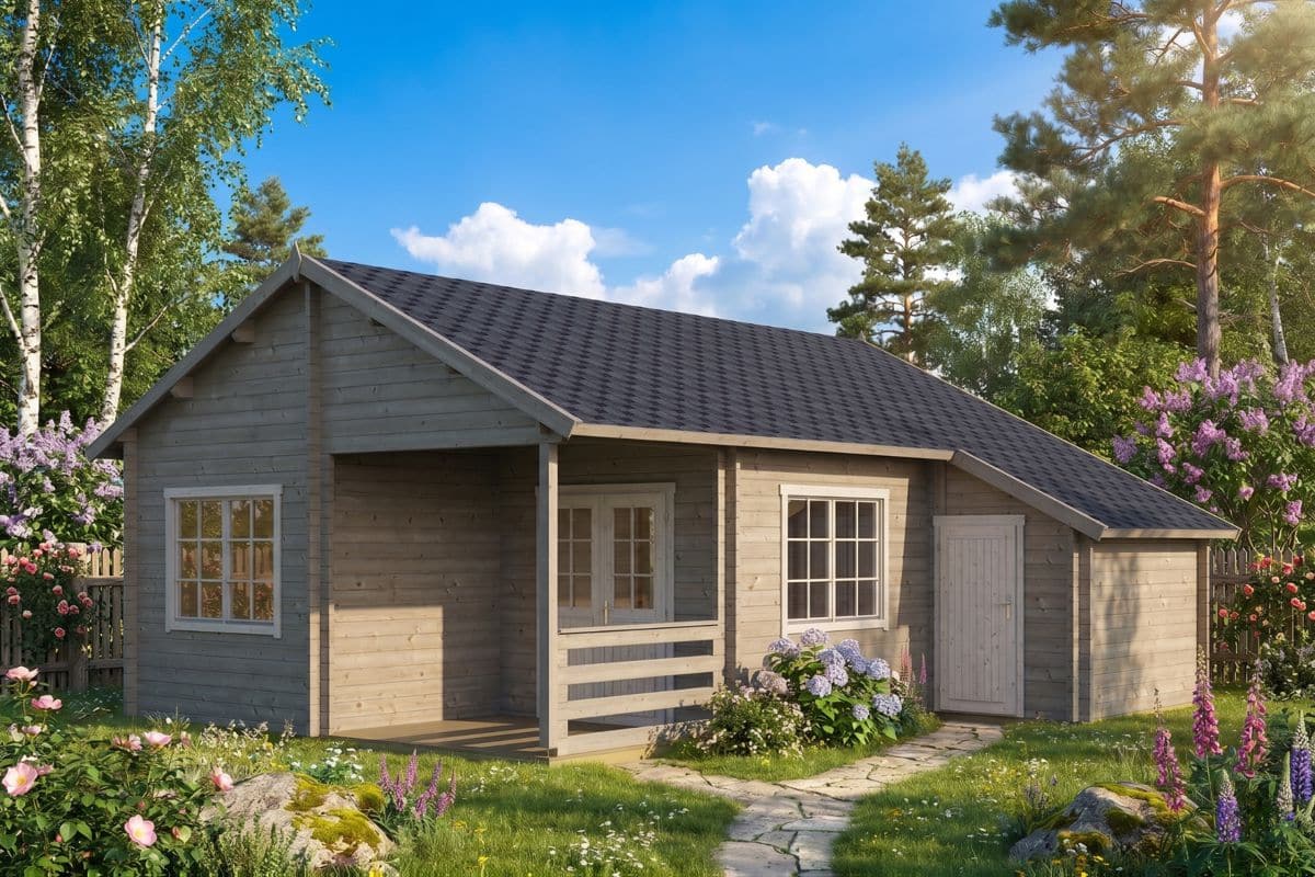 Blockbohlenhaus mit Geräteschuppen 7x8m (bemalt)