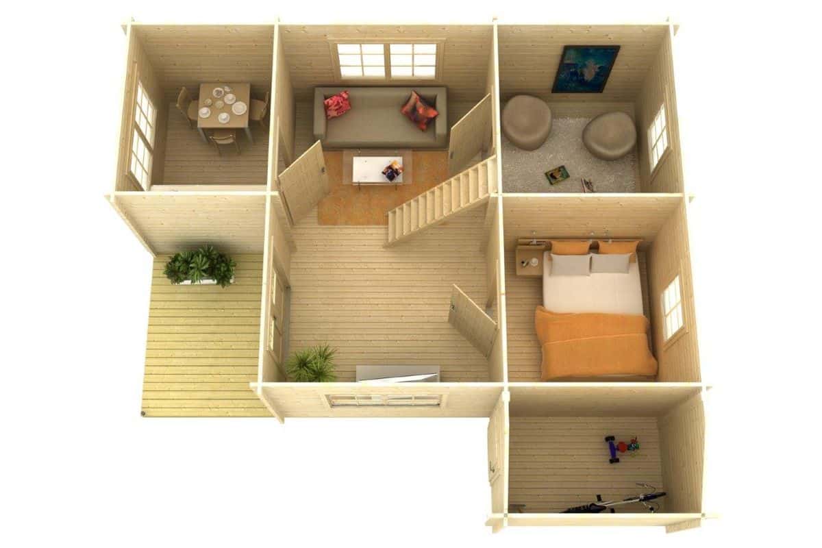 Blockbohlenhaus mit Geräteschuppen 7x8m (Querschnitt)