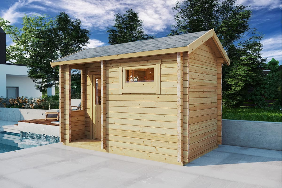 Außensauna aus Holz im Garten
