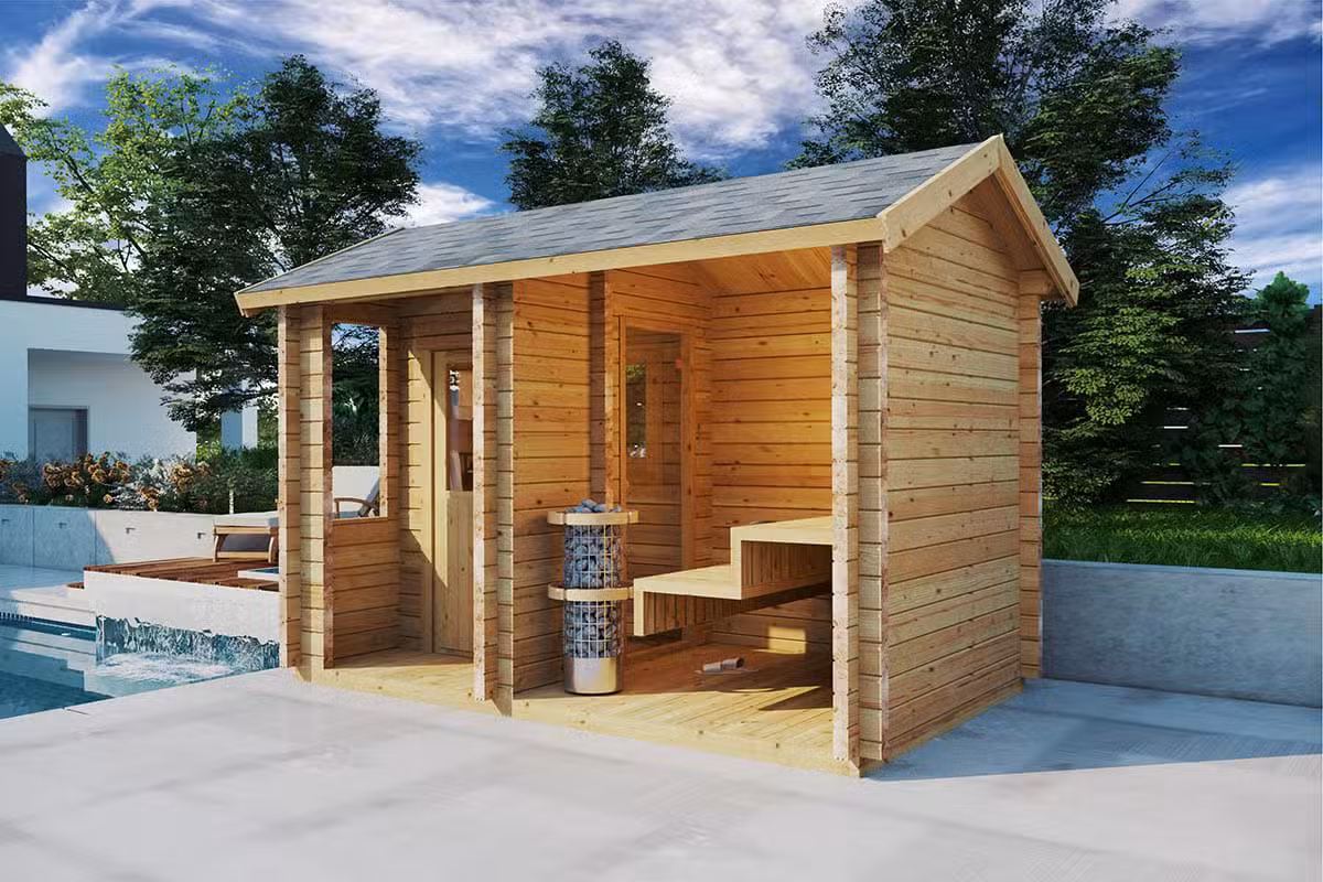Außensauna aus Holz im Garten
