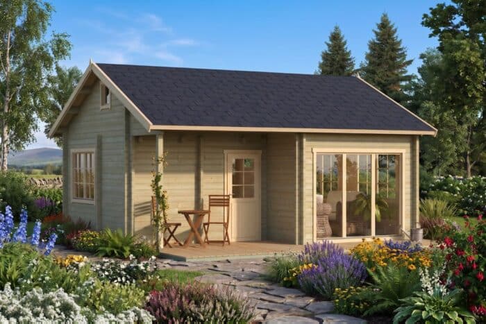 Blockbohlenhaus mit Terrasse 6x6m (bemalt)