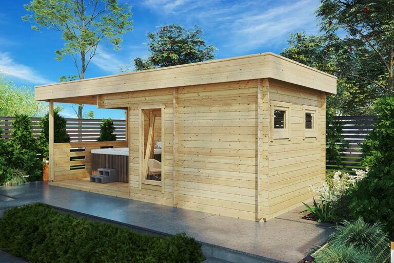 Saunahaus aus Holz mit Whirlpool