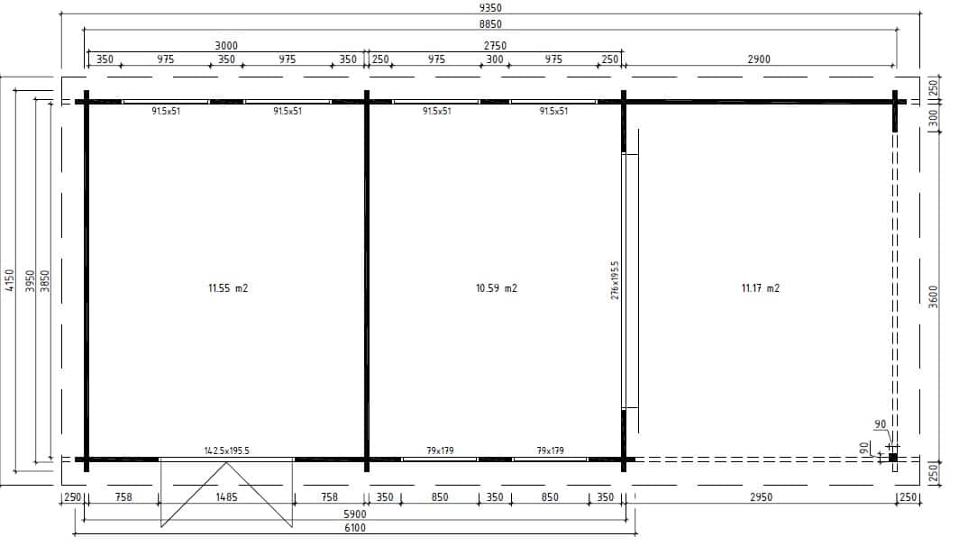 Gartenhaus mit 2 Räumen Robin 22m² / 58mm / 9x4 / SA ...