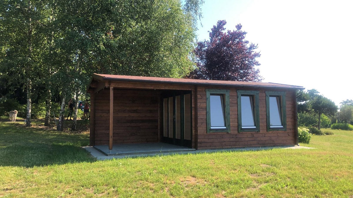 Gartenhaus mit Terrasse “Eva E” 7x3m | Kleines luxuriöses Garten-Sommerhaus mit Veranda | Kleines Gartenhaus aus Holz