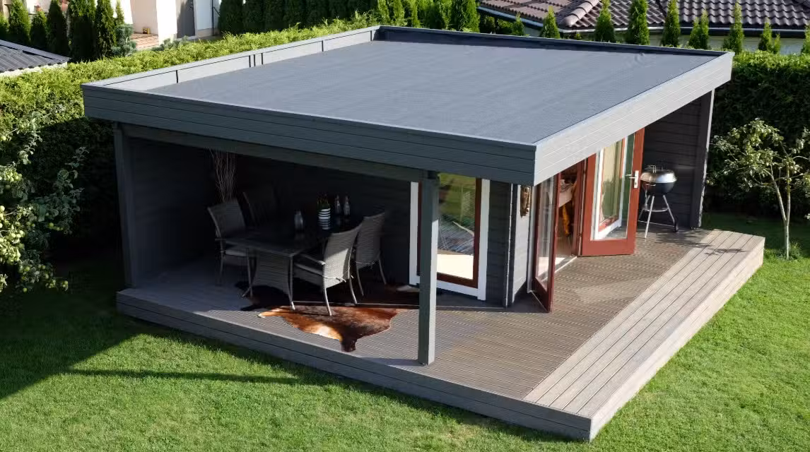 Modernes Gartenhaus mit Terrasse Hansa Lounge XL 15m² / 44mm / 5x6