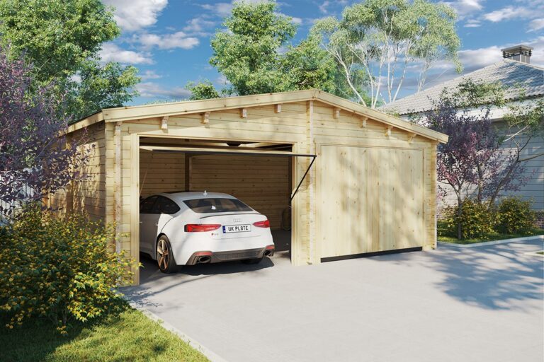 Doppelgarage aus Holz E mit Schwingtoren / 70mm / 5,5 x 7 m