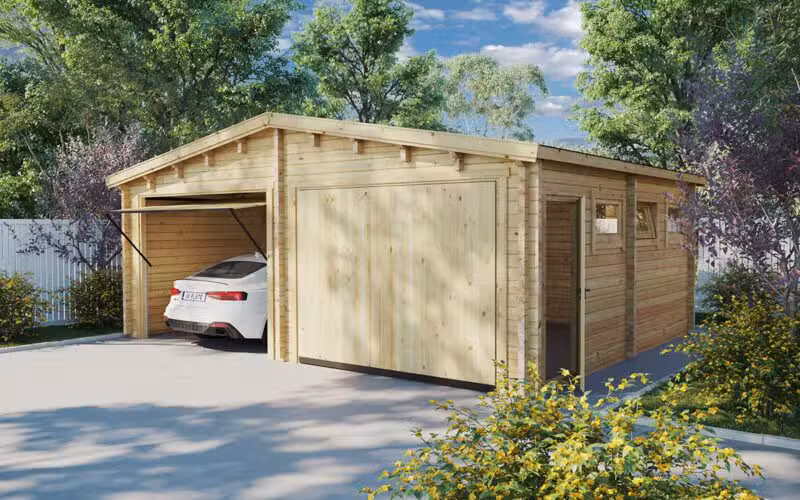 Doppelgarage aus Holz E mit Schwingtoren / 70mm / 5,5 x 7 m