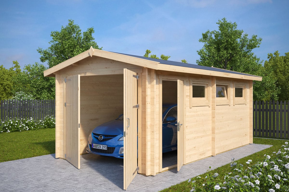 Fertiggarage aus Holz “Typ A” 3x6m | Erschwingliche Holzgarage mit Doppeltüren und Metallsturmstützen | Kleine Garage