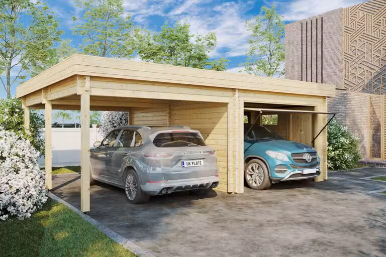 Kombination Carport und Garage Typ H mit Schwingtor 70mm 7,2 x 5,2 m