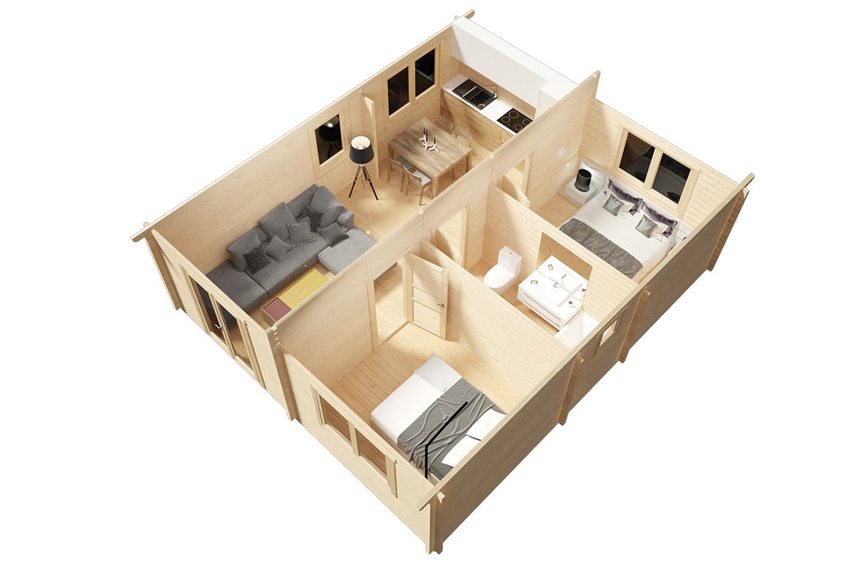 Holzhaus mit zwei Schlafzimmern Irland 43 m2 70mm 7x6m