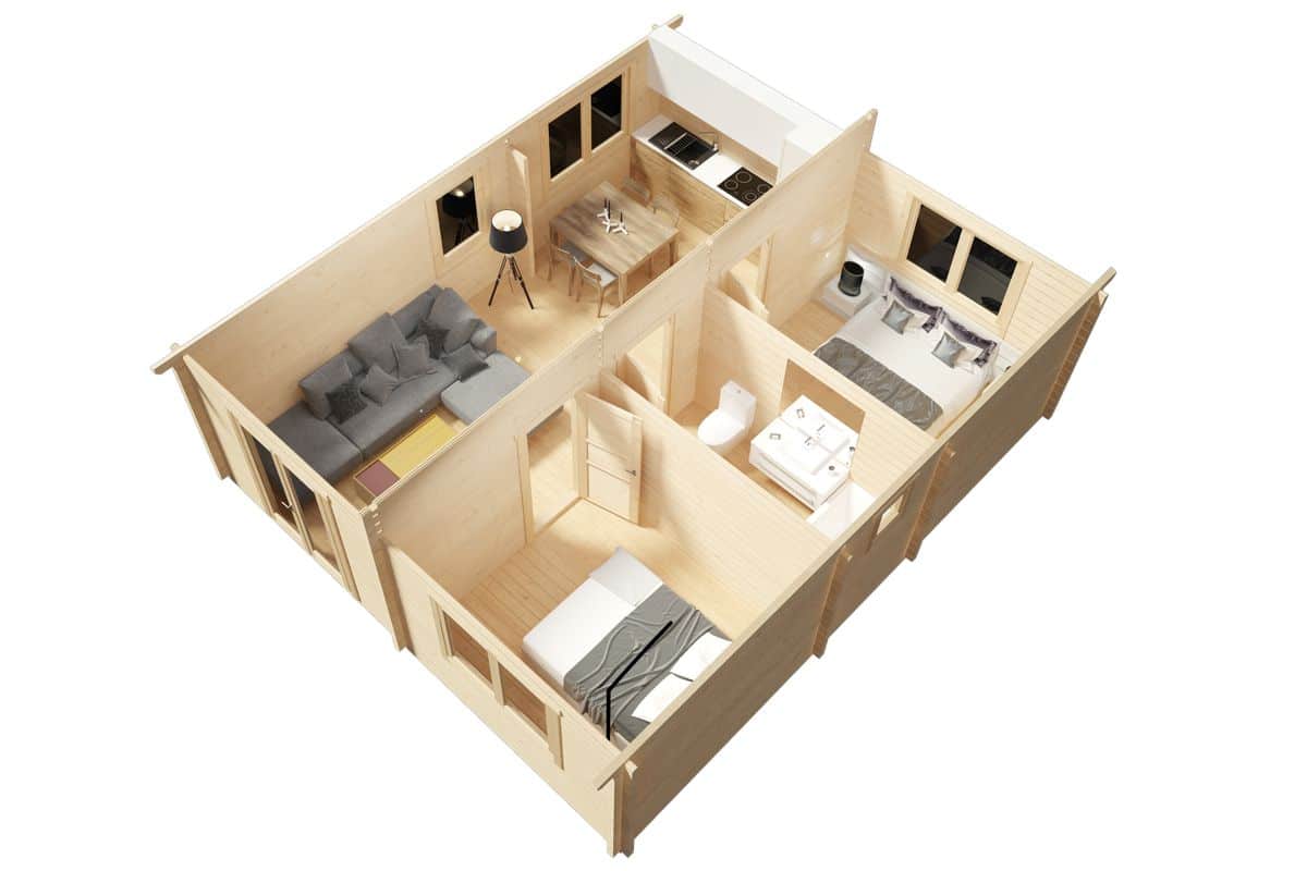 Blockhaus mit zwei Schlafzimmern 6x7m (Grundriss)
