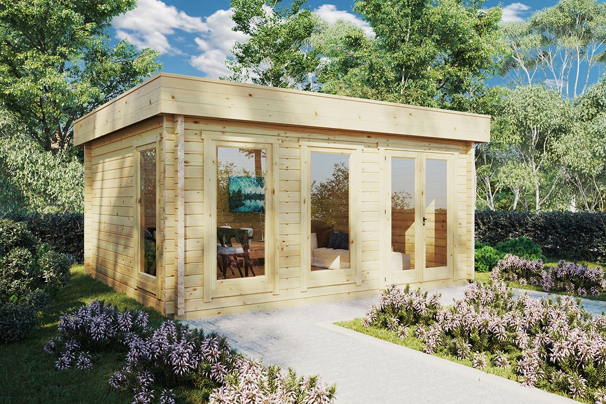 Modernes Gartenhaus “Ian D” 5x4m | Modernes Gartenhaus aus Holz | 4x5m großes Gartenhaus mit Flachdach | Holzhaus mit Home-Office