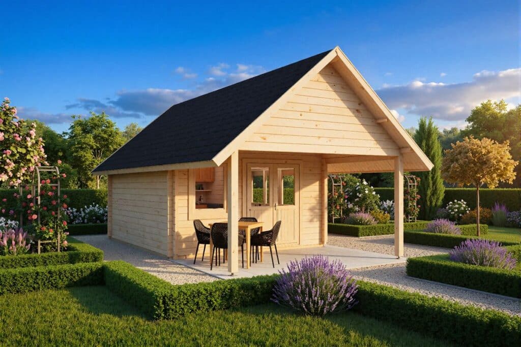 Gartenhaus aus Holz mit Vordach