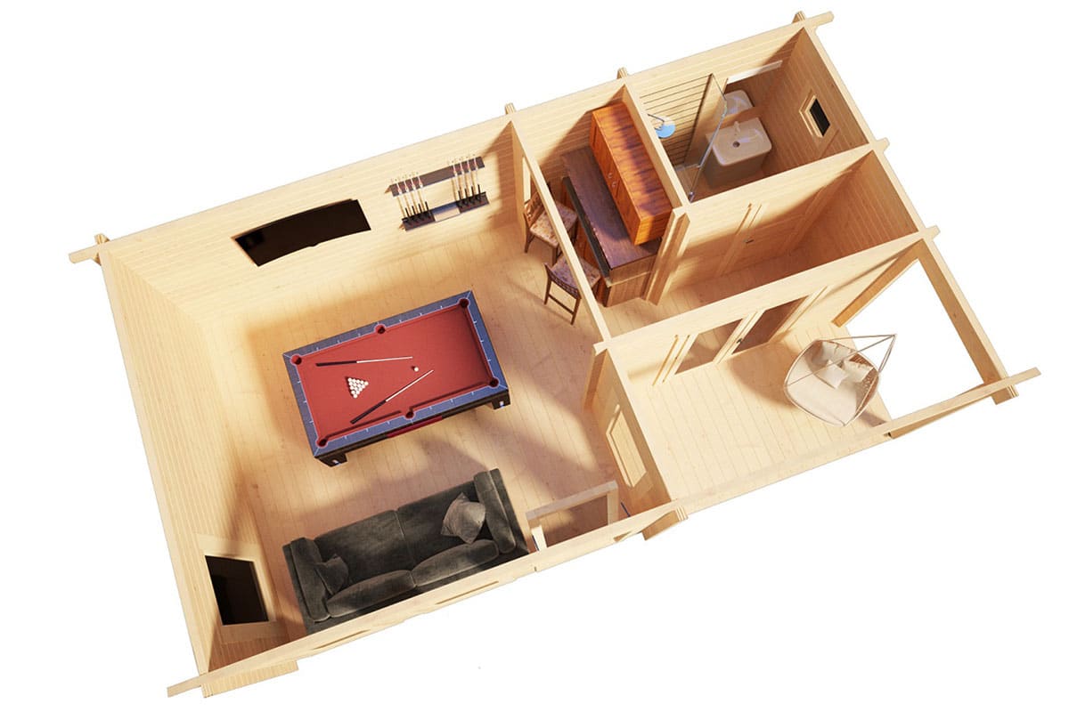 Holz Gartenhaus mit Dusche und WC. Draufsicht. Cross-section.