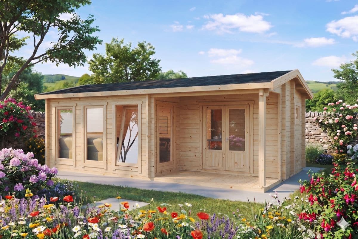 Gartenhaus „Malaga 1” 7x4m | Einzimmer-Gartenblockhaus mit Dusche und Toilette | Holzgartenhaus | Kleines Gartenblockhaus mit Terrasse mit Sonnendach, mit Terrasse