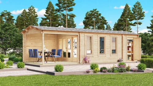 Gartenhaus mit Veranda und Schuppen Super Eva E 18 m2 / 44 mm