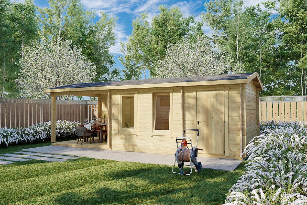 Gartenhaus Super Nora E mit Terrasse und Schuppen 15 m2 44 mm