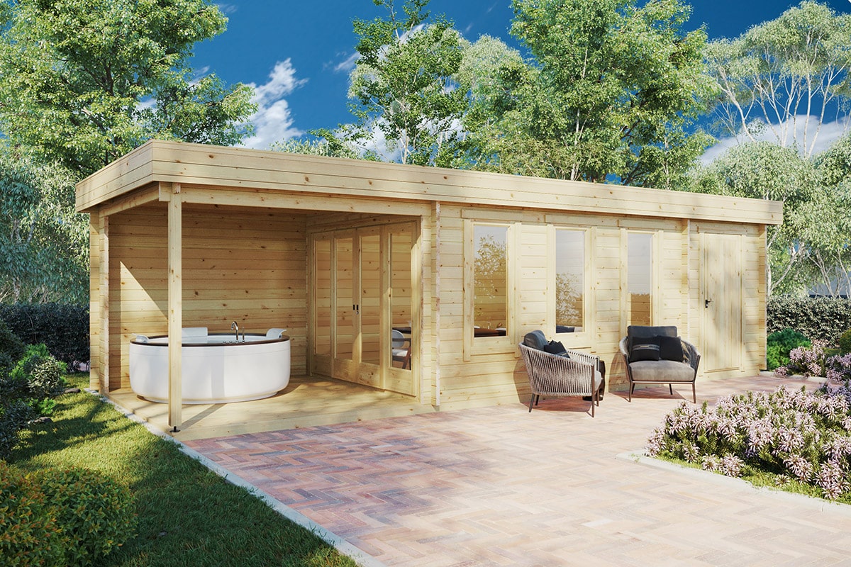 Gartenhaus mit Schuppen und Terrasse “Super Jacob E” 9x4m | 4x9m großes Gartenhaus aus Holz | Gartenhaus mit Terrasse aus Holz