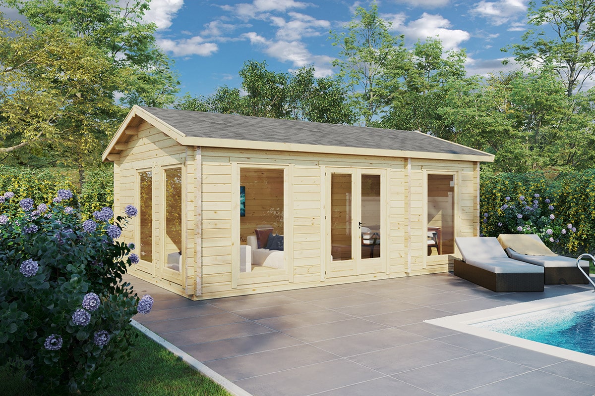 Gartenhaus mit Toilette “Schweden A” 6x4m | Großes Gartenhaus 4x6m mit Satteldach | Blockhaus mit Badezimmer | Blockbohlenhaus