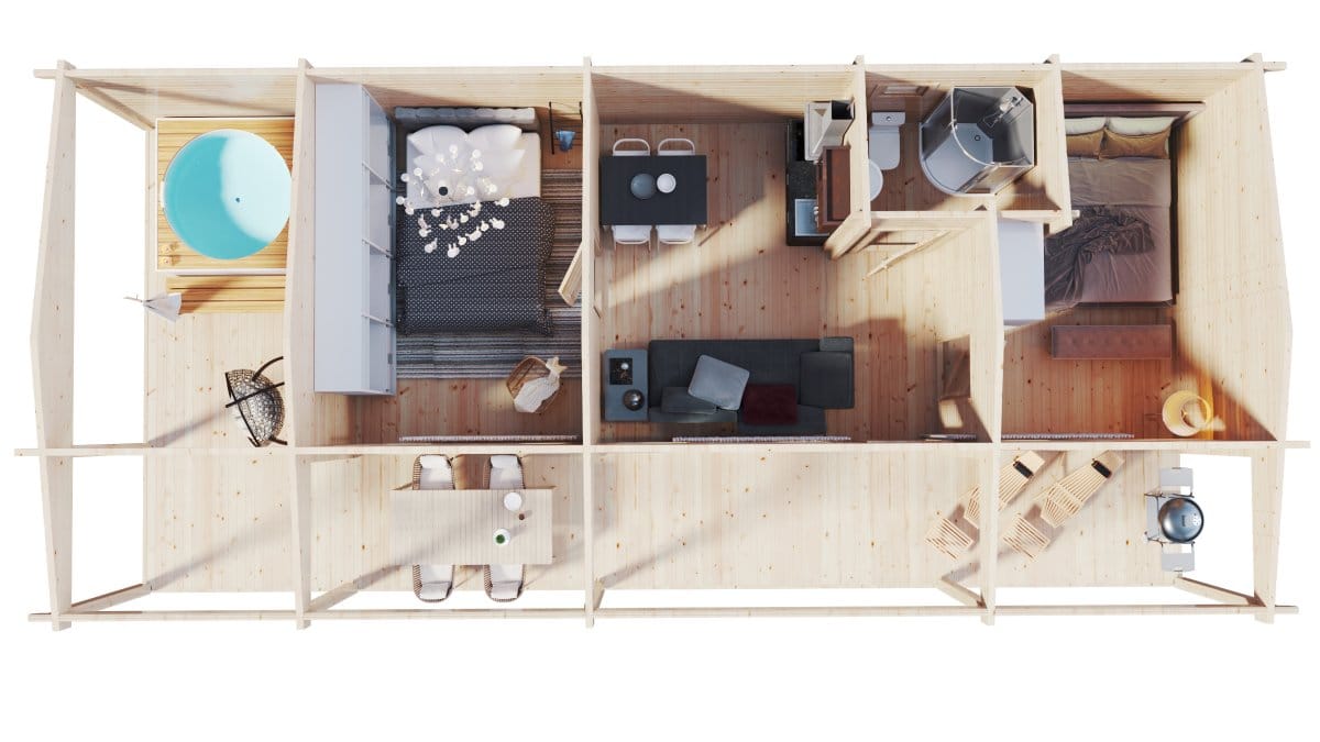 Blockhaus mit 2 Schlafzimmern und Terrasse “Edward” 13x6m | Großes Gartenhaus 13x6m | Blockhaus | Blockbohlenhaus mit Schlafboden, mit Sonnendach, mit Terrasse Blockhaus mit 2 Schlafzimmern und Terrasse “Edward” 13x6m | Großes Gartenhaus 13x6m | Blockhaus | Blockbohlenhaus mit Schlafboden, mit Sonnendach, mit Terrasse
