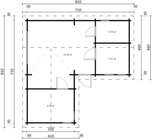 Eck-Blockhaus mit zwei Schlafzimmern „Devon-2“ / 40 m2 / 70 mm