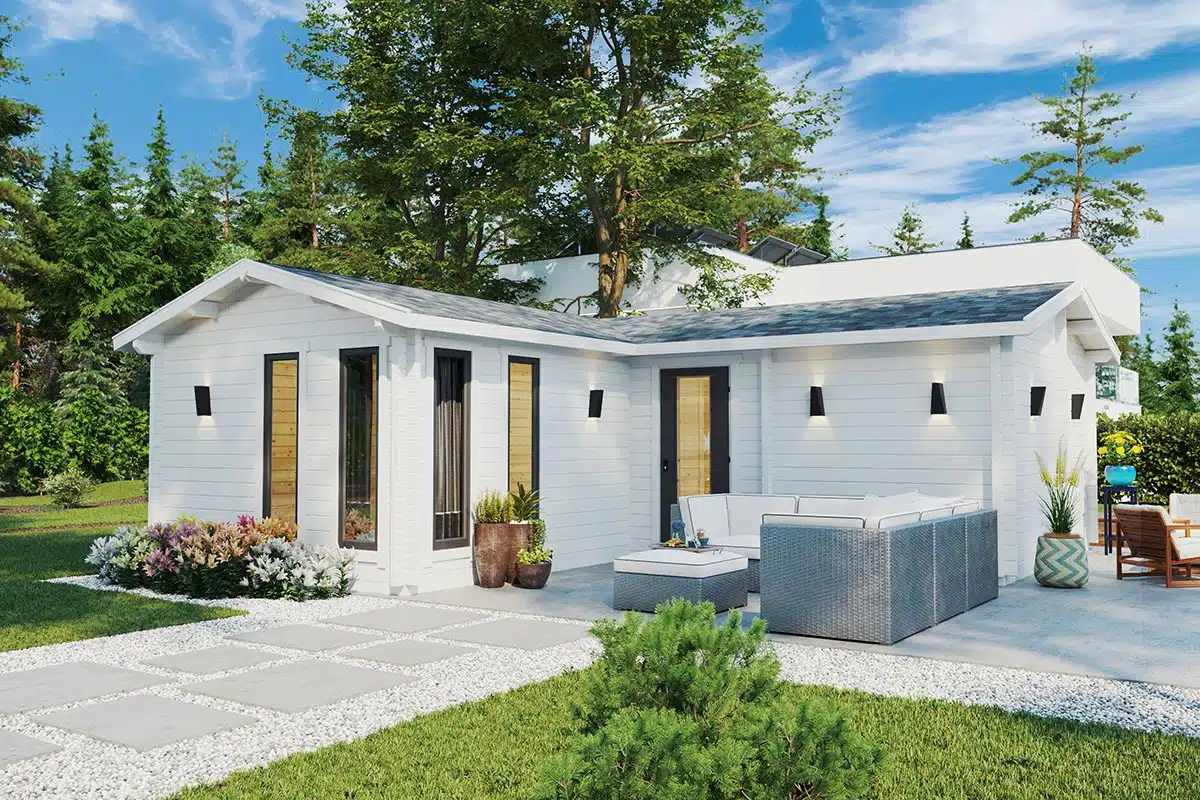 Großes Gartenhaus aus Holz mit Sauna - weiß gestrichen