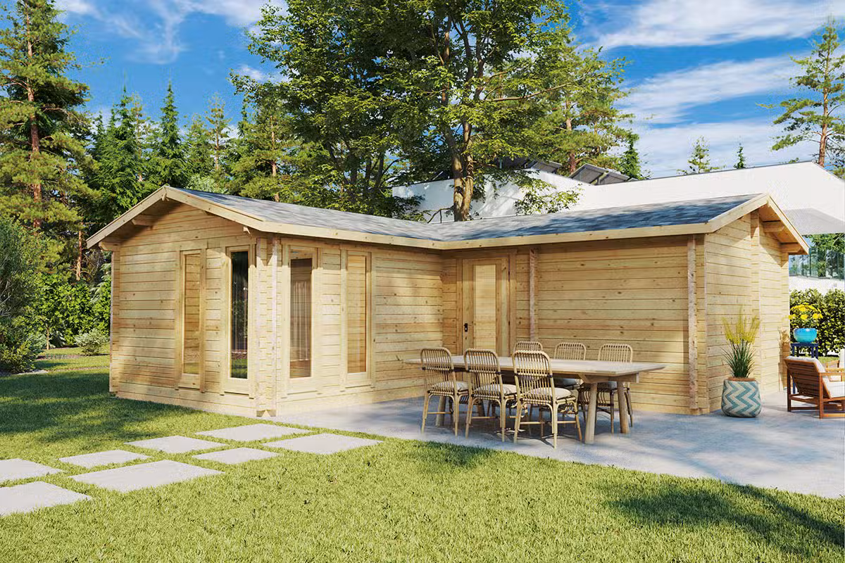 Großes Gartenhaus aus Holz mit Sauna