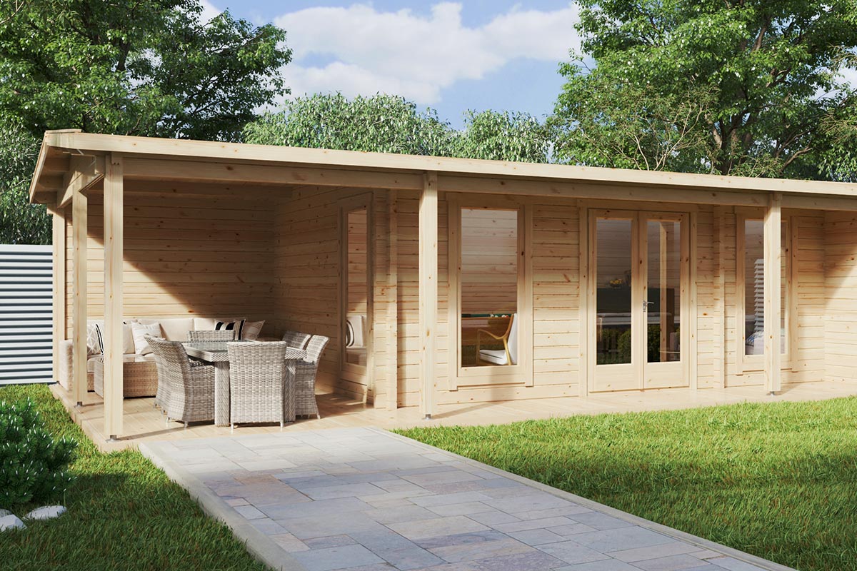 Gartenhaus mit Terrasse “Hansa Studio XXL” 9x5m | Gartenstudio mit Veranda | 21m² Gartenstudio mit 20m² Veranda mit Sonnendach, mit Terrasse