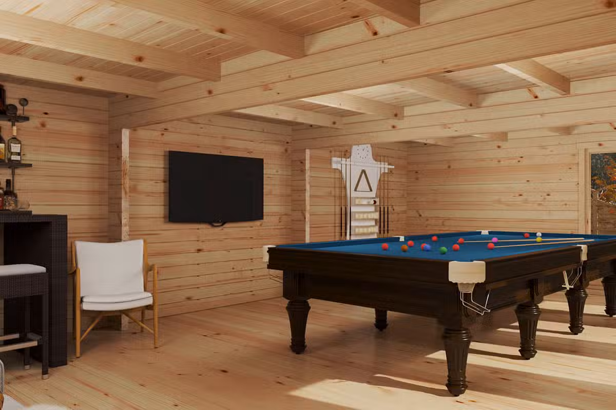 Großes Gartenhaus aus Holz. Perfekt für einen Snooker-Tisch oder zum Billardspielen. Innenansicht
