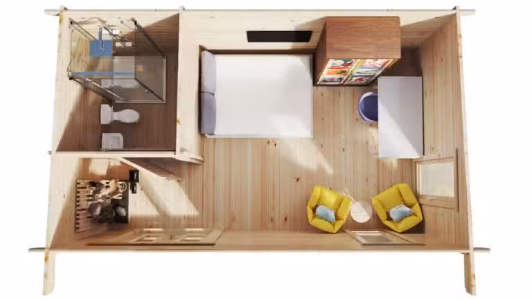 Holzhaus „Mia 2“ mit Duschraum und WC / 5x3 m / 15 m2 / 44 mm