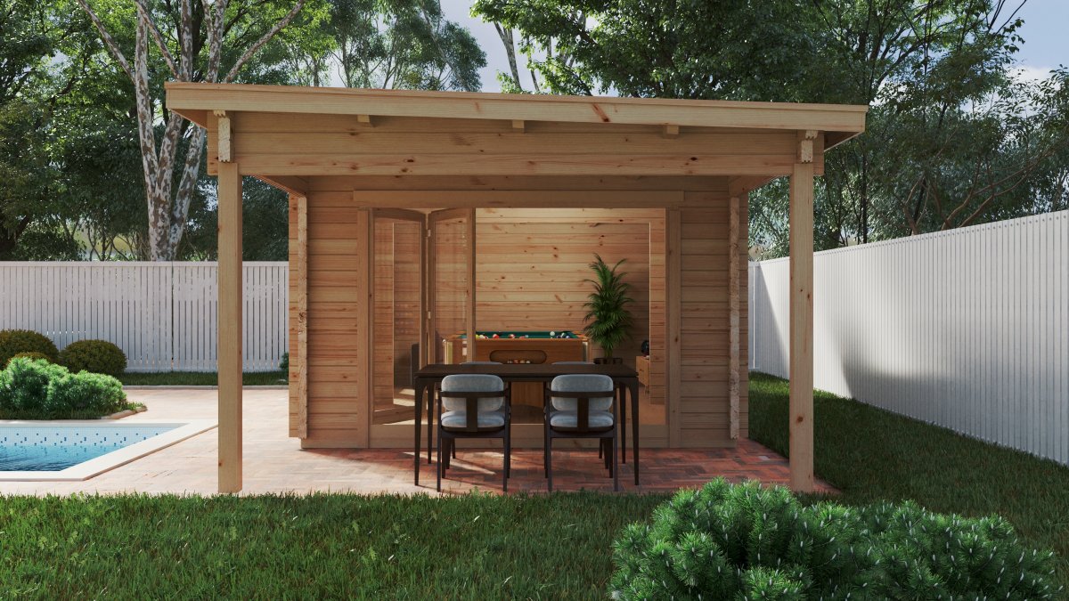 Großes Gartenhaus mit Falttür „David-1“ / 4x8 m / 19 m2 / 70 mm