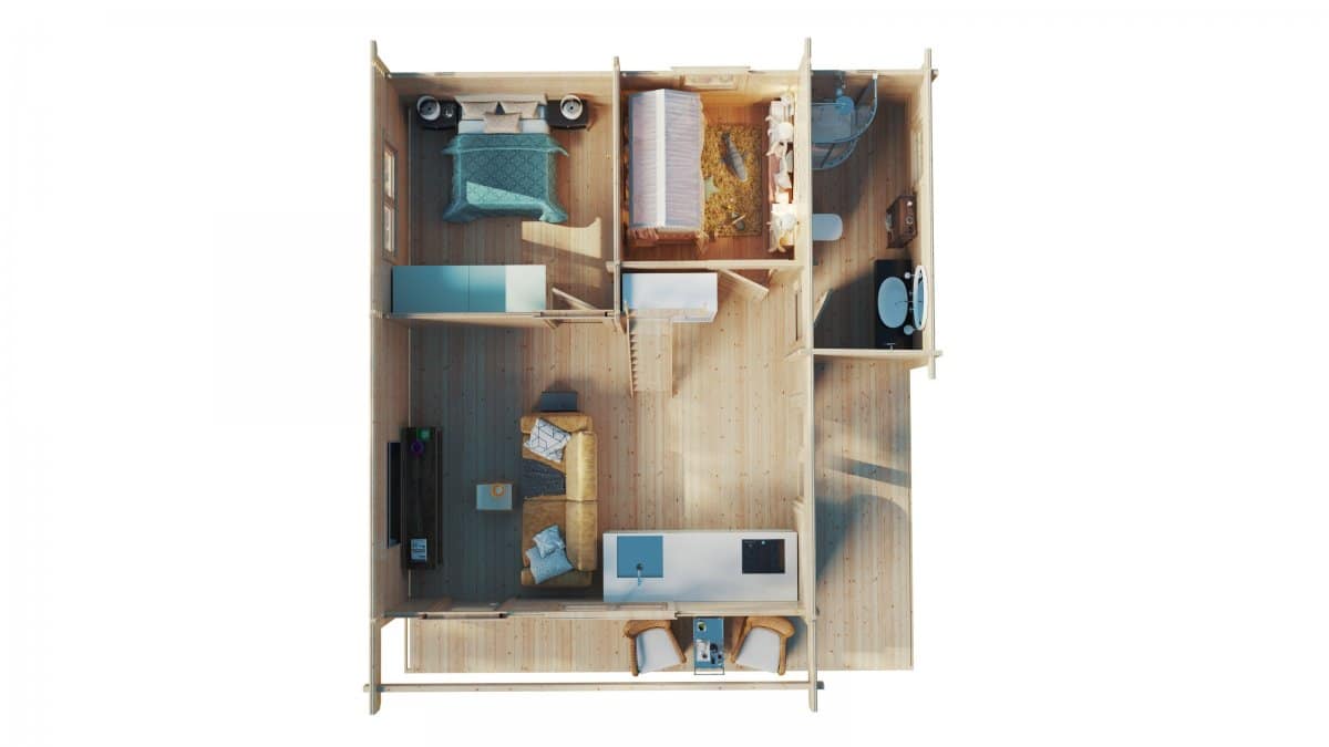 Holzhaus Dallas mit 2 Schlafzimmern und Schlafboden / 42 m2 / 7x7 m / 70 mm