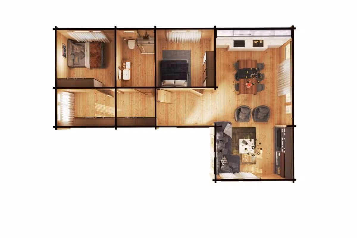 Holzhaus mit zwei Schlafzimmern und Schlafboden Holiday Max 2 / 65 m2 / 12 x 7,5 m / 92 mm