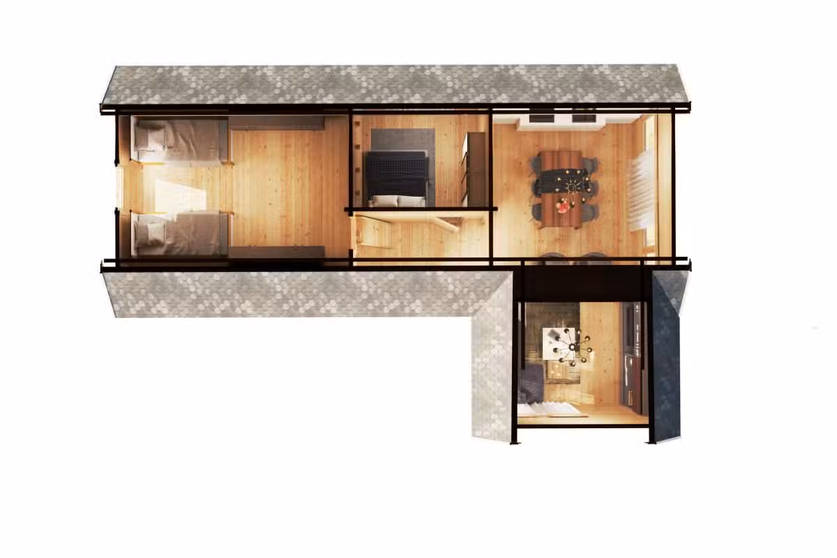 Holzhaus mit zwei Schlafzimmern und Schlafboden Holiday Max 2 / 65 m2 / 12 x 7,5 m / 92 mm