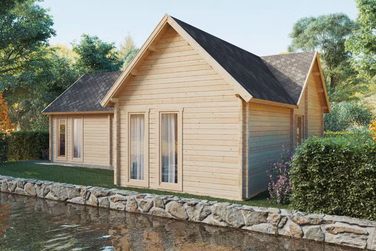 Holzhaus mit zwei Schlafzimmern und Schlafboden „Holiday Max 1“ 85 m2 / 9x12 m / 92 mm