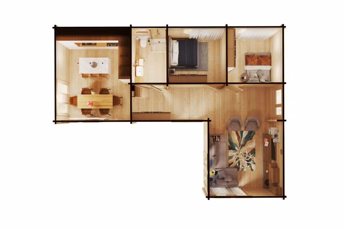 Holzhaus mit zwei Schlafzimmern und Schlafboden „Holiday Max 1“ 85 m2 / 9x12 m / 92 mm