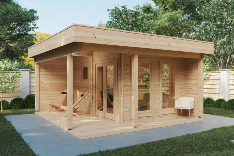 Gartensauna "Mini Hansa Sauna Lounge": 12 m² / 44 mm / 5 x 5 m