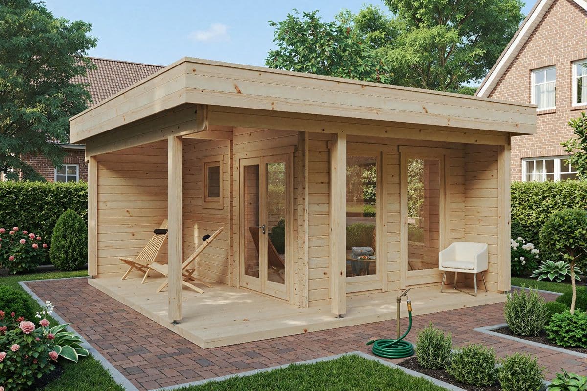 Gartensauna “Mini Hansa Sauna Lounge” 5x5m | 5x5m große Gartensauna mit Vorraum | Outdoor-Sauna kaufen | Saunahaus aus Holz