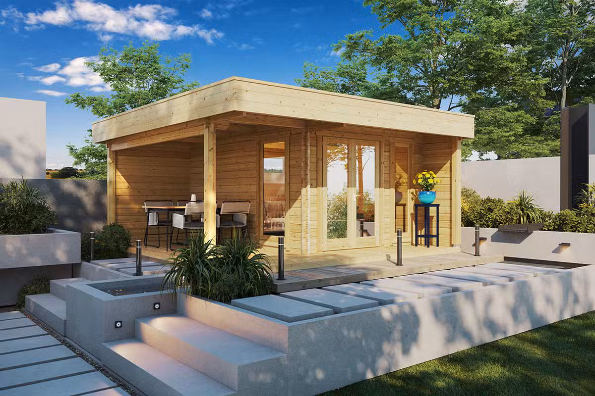 Modernes Gartenhaus mit Terrasse Hansa Lounge 12m² / 44mm / 5×5 / G0100