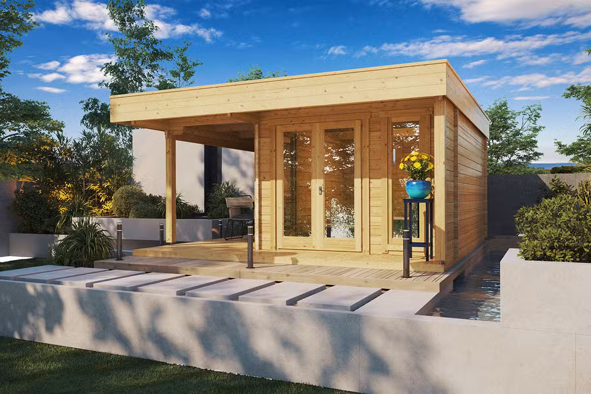Modernes Gartenhaus mit Terrasse Hansa Lounge 12m² / 44mm / 5×5 / G0100