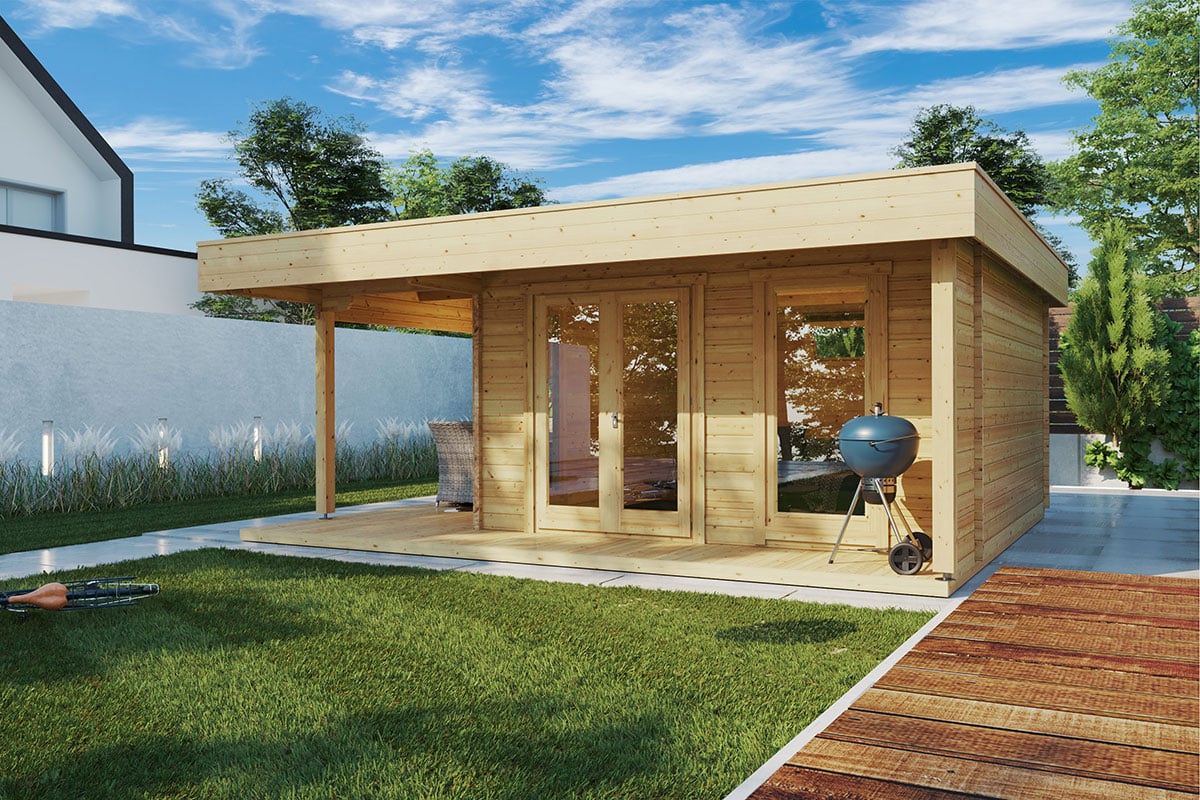 Modernes Gartenhaus mit Terrasse Hansa Lounge XL 15m² / 44mm / 5×6 / G0101