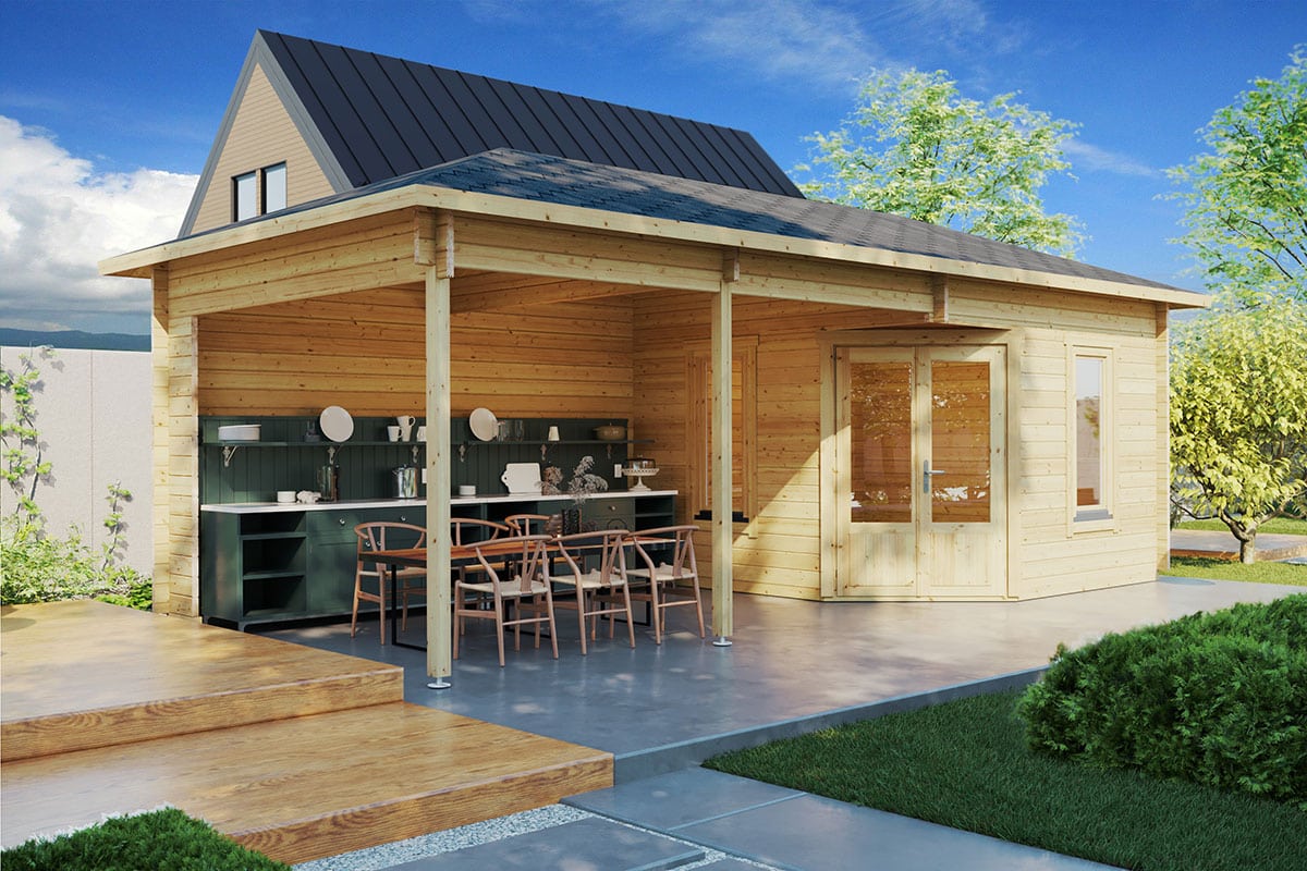 Gartenhaus mit Vordach “Sophia” 8x4m | Modernes Gartenhaus aus Holz | Gartenbüro | Gartenhaus mit Pultdach | Gartenhaus 4x8m