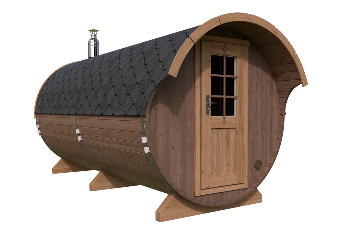 Große Fasssauna mit Vorraum und Vordach Thermo Holz