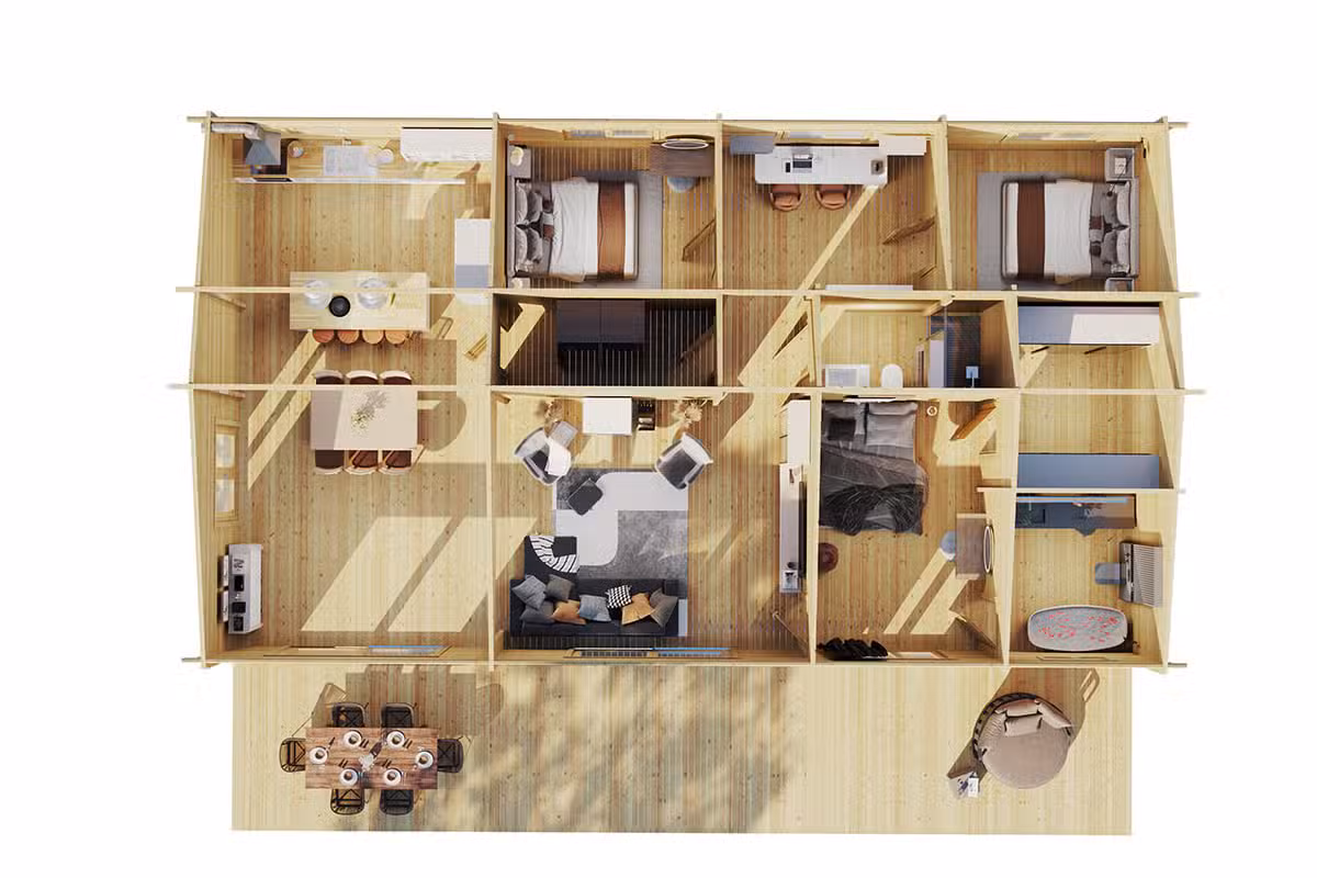 Blockhaus mit drei Schlafzimmern „Madrid” 120m² | 70mm | 15x9m